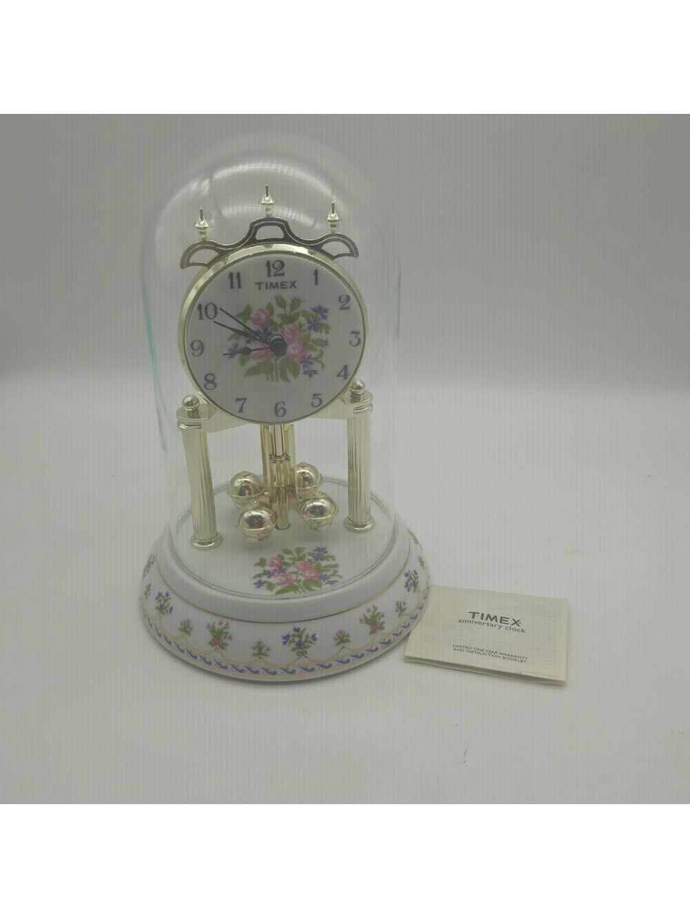 Timex Glass Dome Vintage Pendulum Chime Floral Motif Porcelain  WORKS
